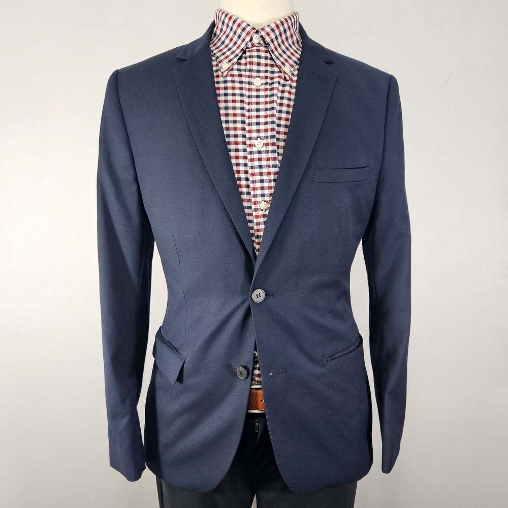 H&M Men's Two Button Sport Coat Blazer Navy Polyester Blend Slim Fit 40R